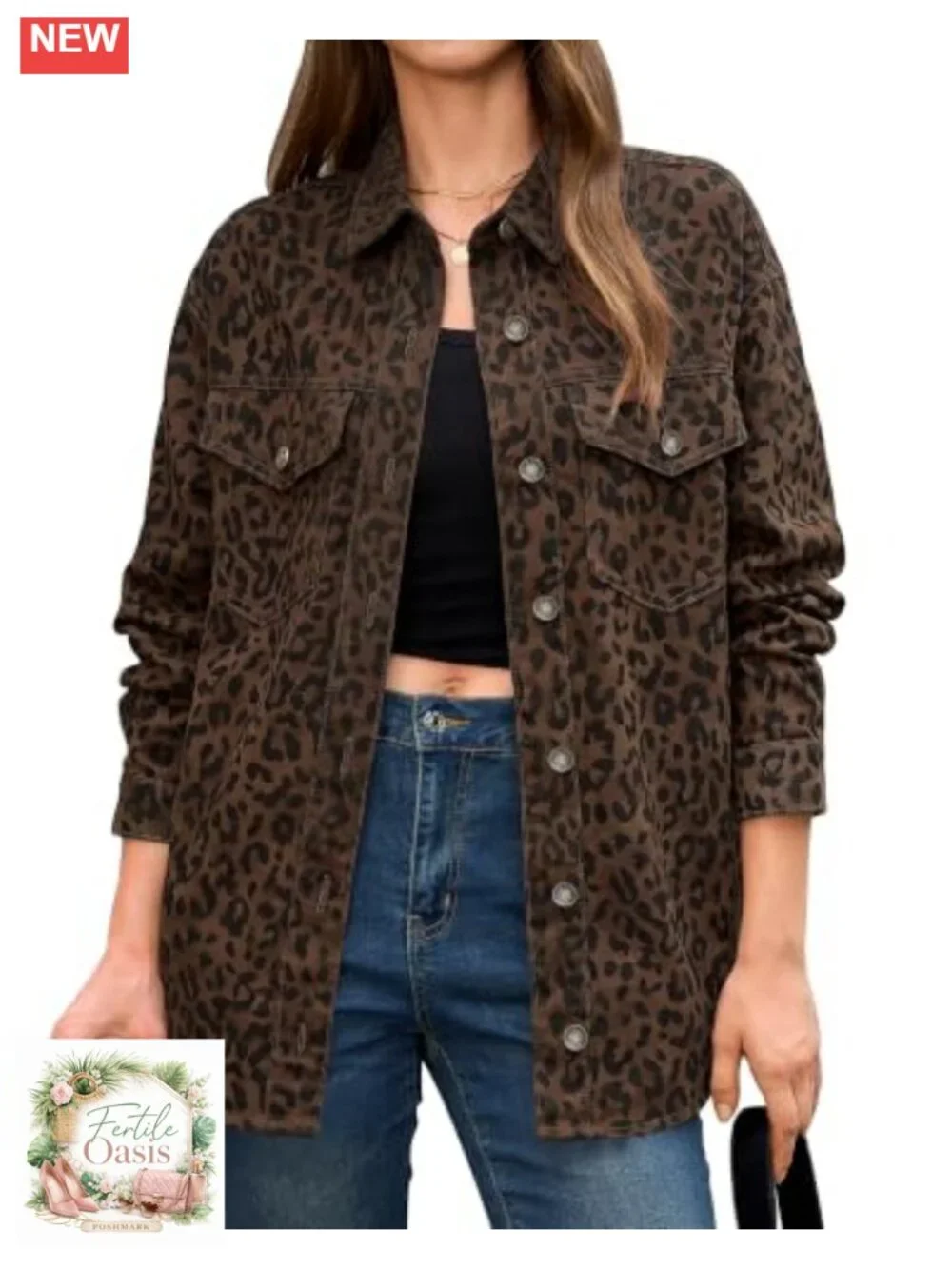 Women's Leopard Print Longline Denim Jacket Oversized Shacket Coat